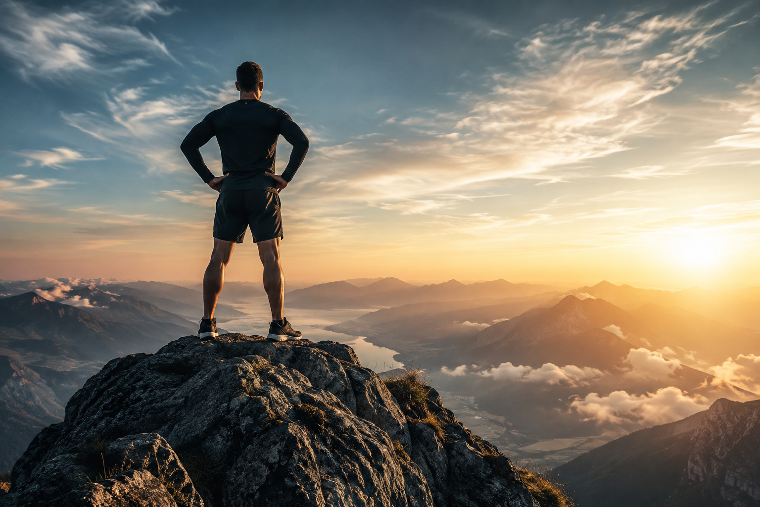An athlete standing on a mountain summit at sunrise, hands on hips, looking out over the valley