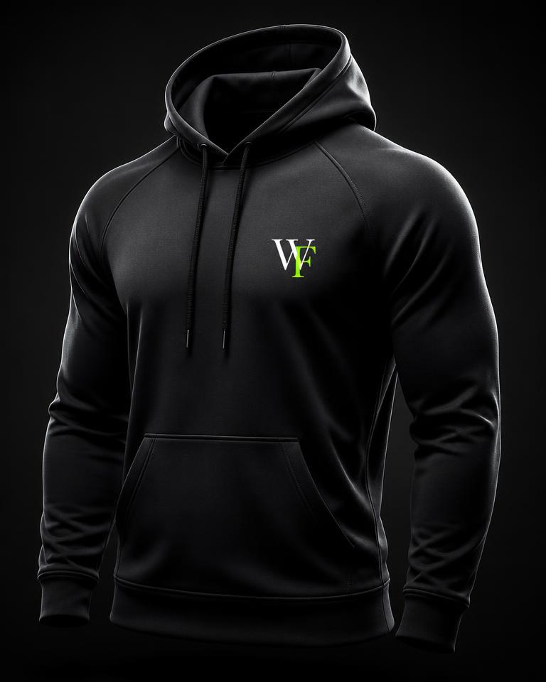Black WhyFit performance hoodie with a small white and green WF chest monogram